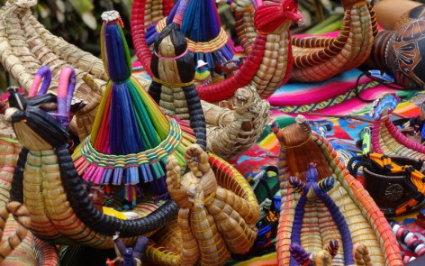 Close up of totora reed crafts on Uros floating islands