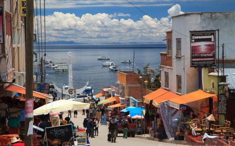 Main street in Copacabana, Bolivia leading to Lake Titicaca