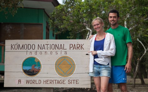 Kenny and Laura in front of the Komodo National Park sign on Rinca island