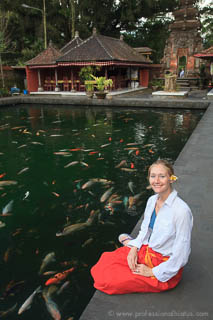 Laura at koi pond at Tampaksiring temple