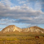 Distant view of volcanic crater, Rano Raraku